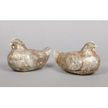 A pair of Chinese mother of pearl and ivory boxes formed as nesting hens. Each opening to reveal a