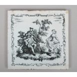 An 18th century Liverpool delft tile printed by Sadler and Green with Nancy Dawson dancing the