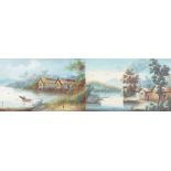 A pair of 20th century Chinese gouache pictures in gilt frames. River landscapes with buildings,