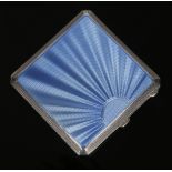 An Art Deco square silver and blue guilloche enamel powder compact by W. A. Perry & Co. Assayed