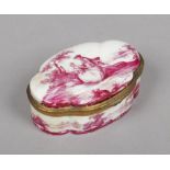 A 19th century Meissen style quatrefoil snuff box with hinged cover and gilt metal mount. Painted in