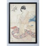 Kunisada, framed Japanese woodblock print. Portrait of a Bijin disrobing. Signed, publishers seal
