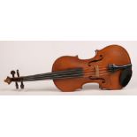 A 19th century French violin, no label, 35.75cm. Along with a bow stamped Joh. Schneider.Condition