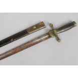 A 19th century German hunting sword. With brass and leather scabbard, horn handle, brass cross guard