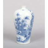 A Chinese blue and white meiping vase. Painted in underglaze blue with a river landscape