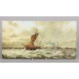 A Burmantofts tile painted with impasto enamel. Depicting a maritime scene with a fishing boat and