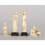 A Japanese Meiji period carved ivory small okimono of a seated man, another Japanese figure of a