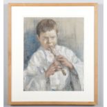 An early 20th century Italian school oak framed pastel portrait of a boy playing a flute. Signed