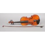 A French violin and a bow in modern case. Label for Mirecourt, 35.5cm.