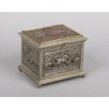 A 19th century French silver plated cigar humidor of sarcophagus form. With relief work panels