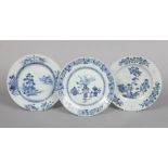 Three 18th century Chinese blue and white plates. Painted in underglaze blue, two with landscapes
