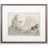 Cyril Goldie, framed ink drawing, caricatures of a grotesque sea creature and two other figures,