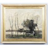 Follower of Jean Baptiste Camille Corot, a framed oil on canvas. Romantic landscape with trees and a