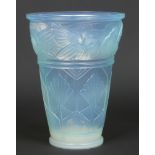 An Art Deco Sabino opaline glass vase of tapering cylindrical form. Moulded with stylized birds