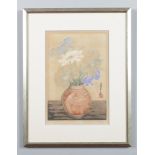 A Japanese framed coloured etching. Still life, vase containing peonies. Signed, 32cm x 21cm.