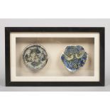 Two Antique middle eastern pottery bowl centres in a framed case. Each decorated in coloured