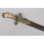 A 19th century German hunting sword with brass and leather scabbard. With antler grip and cross