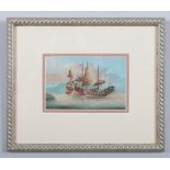 Three small Chinese gouache pictures in silvered frames. River scenes with junk, 10cm x 15cm.