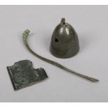 Tang and Han dynasty excavated bronze finds. A bell, hair pin and a section of a sword blade.