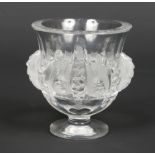 A Lalique pedestal vase moulded with frosted glass bluebirds. Acid etched mark, Cristal, Lalique,