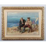 L. Hamilton (19th century), gilt framed oil on canvas, pair of figures conversing by the sea. Signed