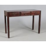 A 19th century Chinese hardwood three drawer alter table raised on square supports, possibly