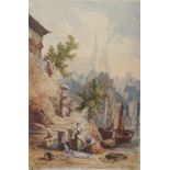 Augustus Constantin unframed watercolour. Townscape with figures by the waters edge. Signed, 51cm