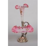A WMF silver plated and satin glass single flute epergne with undertier enamelled with flowers,