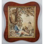 A 19th century woolwork picture in parcel gilt mahogany frame. Depicting a group of figures