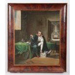 A 19th century mahogany framed oil on canvas. Interior scene, portrait of a mournful soldier, 60.5cm