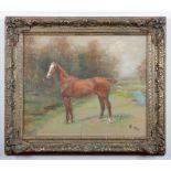 A gilt framed equestrian pastel study. Bay horse in a field. Monogrammed H. L. and dated 1934, 47.