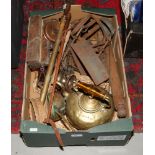 A box of metalwares, vintage tools, rebate planes, garden sprayer, Equestrian stirrups and bit,