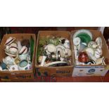 Three boxes of miscellaneous to include Wade, Sadler, Poole and carnival glass etc.