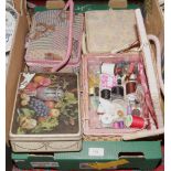 A box of sewing equipment to include reels, silks etc.