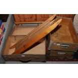 Two metal bound wooden crates, along with a vintage suitcase and contents of walking sticks and a