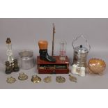 A group of collectables including early 20th century cased balance scales, vintage cut glass lamp