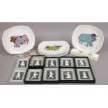 A quantity of boxed Royal Hampshire miniatures, along with six ironstone Bull pottery plates for