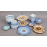 A group of Art Deco Shelley mostly decorated with blue glazes and from the Harmony range including