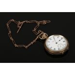 A gold plated Waltham pocket watch with enamel dial along with a 9ct gold double Albert watch chain,