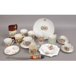 A collection of commemorative ware to include jug, bread knife, Victorian examples etc.
