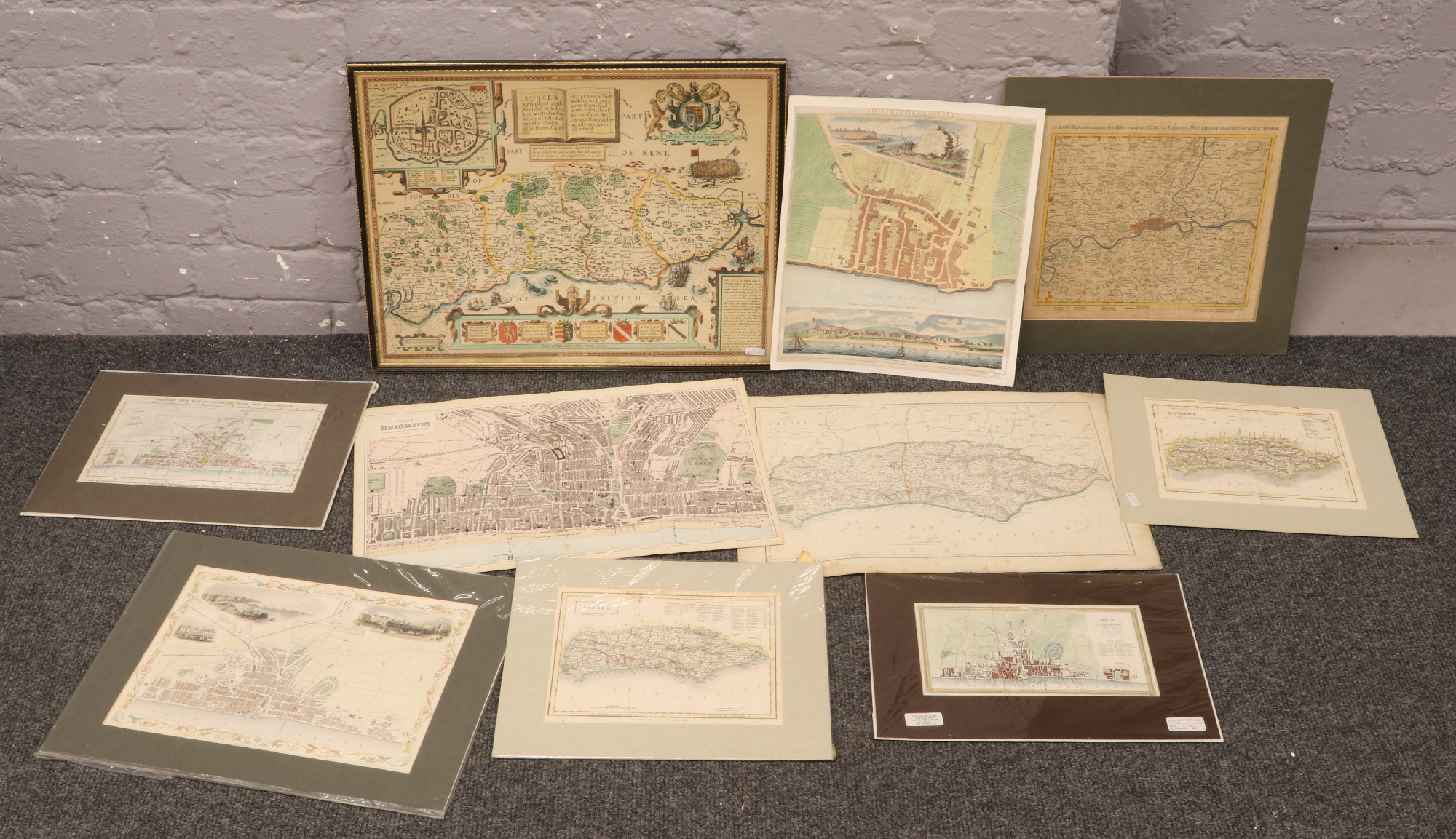 Nine maps including antique engraved and tinted examples Brighton, Hove and Sussex.