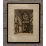 A framed antique colour engraving depicting an internal view of Norte - Dame De Reims signed.