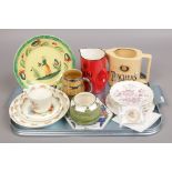 A tray of ceramics to include Royal Doulton Bunnykins, Sadler, Carltonware advertising jug,