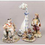 Three Capodimonte figures one of a seated tramp, one of a man shearing a sheep and the other of a