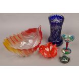 A group of collectable glass including blue flash vase, Murano candlestick, leaf shape fruit bowl