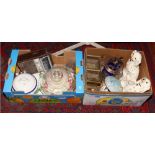 Two boxes of miscellaneous to include Royal Doulton pair of mantel dogs, brass horse head etc.