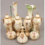 A group lot of blush ivory ground Crown Devon Fielding's to include ewers, lidded urns and vases