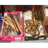 Two boxes of miscellaneous including vintage carpet beaters, Royal Winton, Wade, James Kent Old