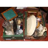 Two boxes of miscellaneous including Royal Doulton crystal, novelty Seiko wall clock, Sadler, German