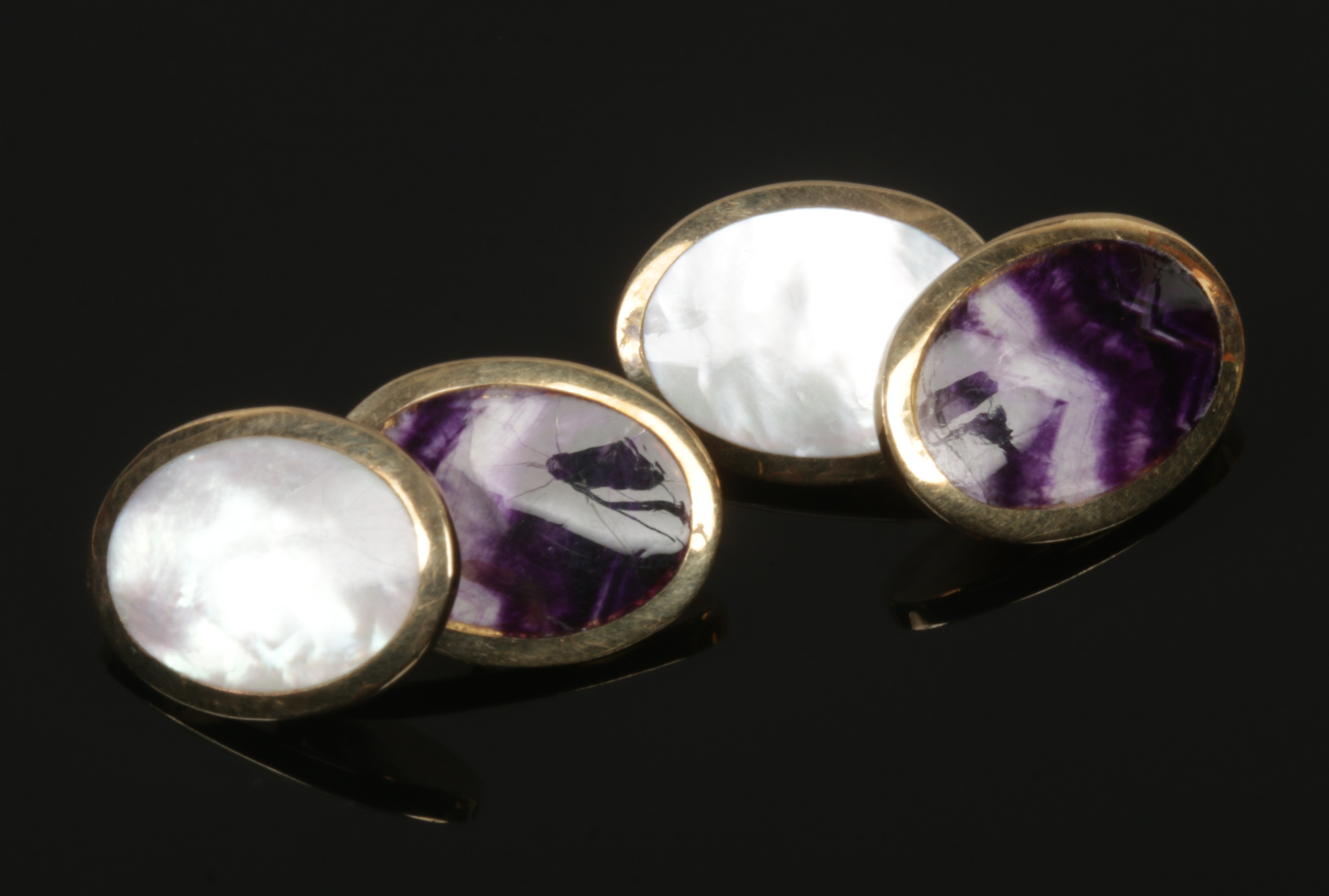 A pair of 9ct gold blue John and mother of pearl cufflinks.